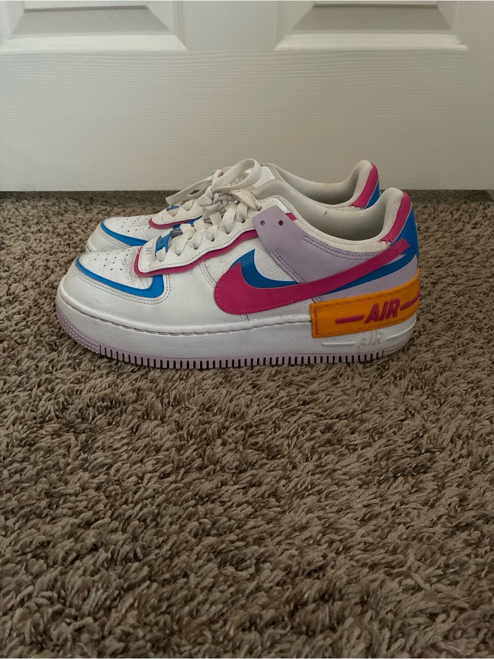 Nike Air Force 1 Shadow Sneakers in White, Blue, Lilac Bloom, and Alchemy Pink